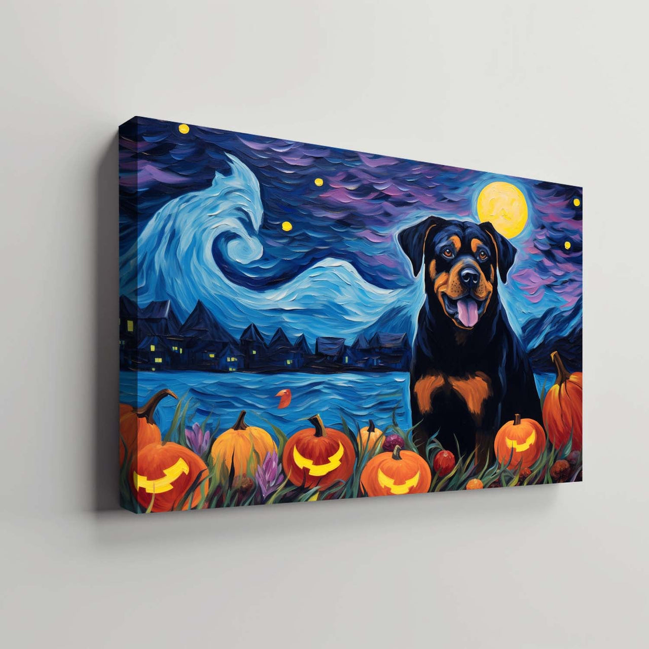 Rottweiler Dog 02 Halloween With Pumpkin Oil Painting Van Goh Style, Wooden Canvas Prints Wall Art Painting , Canvas 3d Art