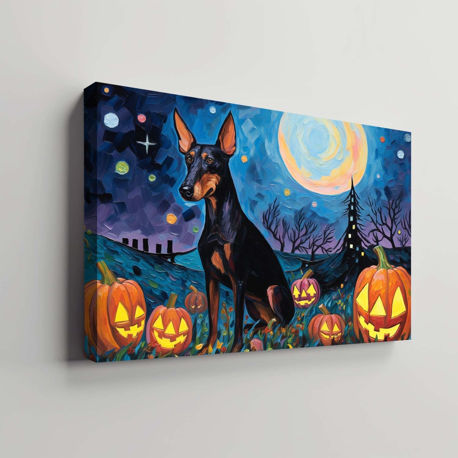 Doberman Pinschers Dog 02 Halloween With Pumpkin Oil Painting Van Goh Style, Wooden Canvas Prints Wall Art Painting , Canvas 3d Art