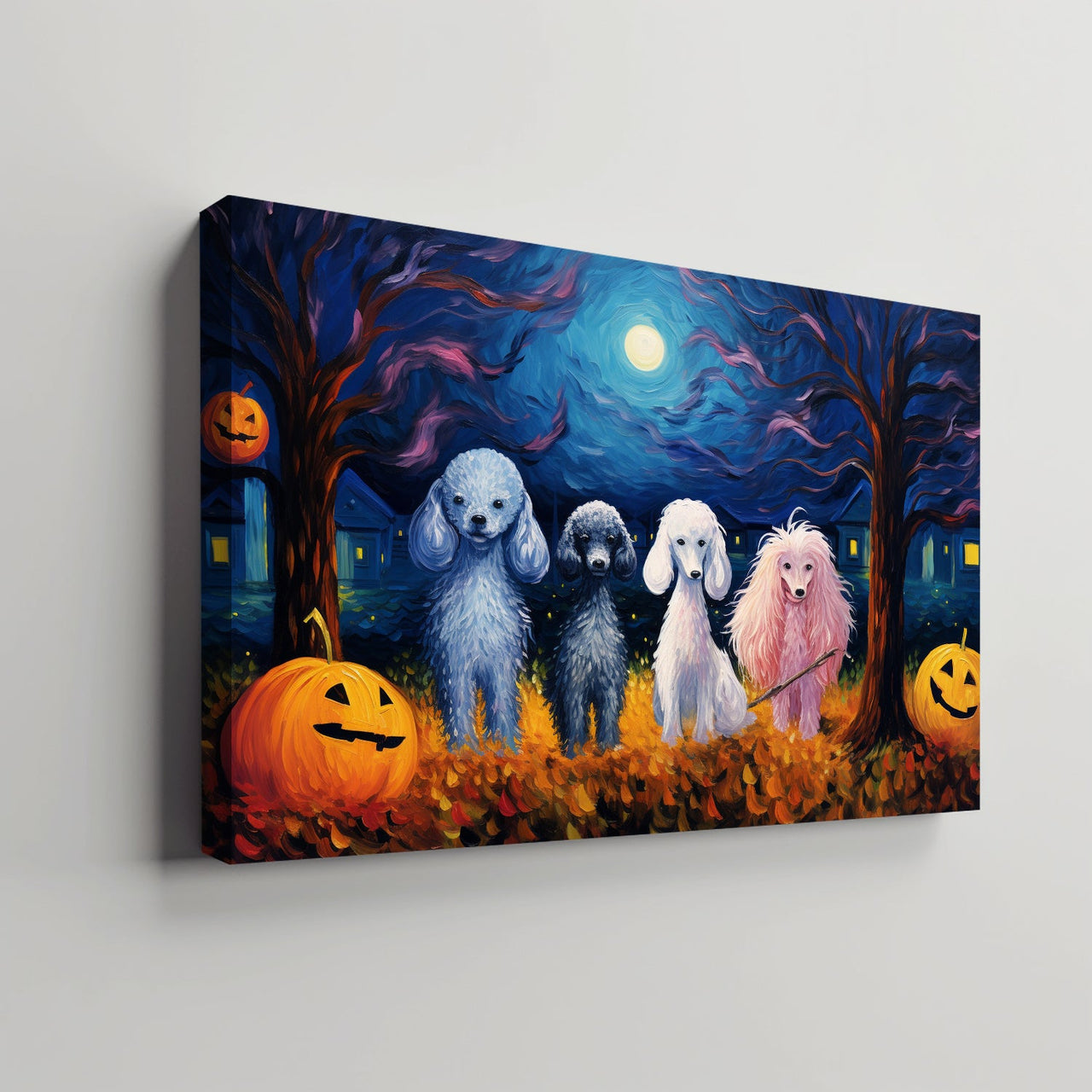 Poodle Dog Halloween With Pumpkin Oil Painting Van Goh Style, Wooden Canvas Prints Wall Art Painting , Canvas 3d Art