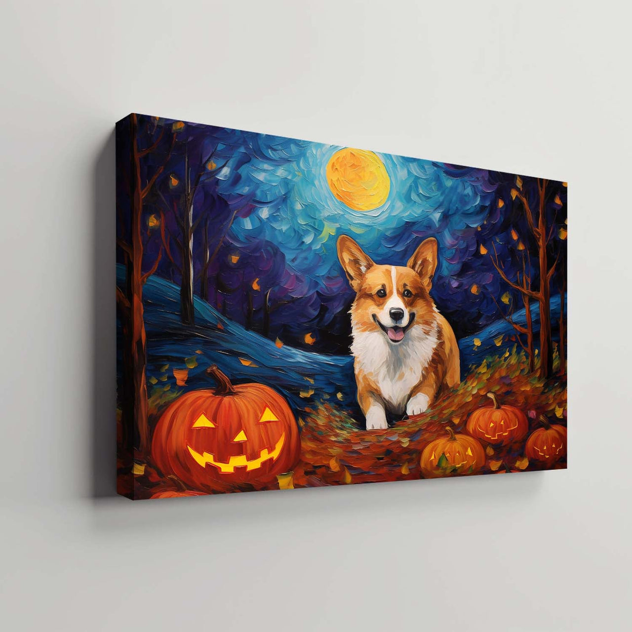 Corgi Dog 01 Halloween With Pumpkin Oil Painting Van Goh Style, Wooden Canvas Prints Wall Art Painting , Canvas 3d Art