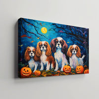 Thumbnail for Cavalier King Charles Spaniels Halloween With Pumpkin Oil Painting Van Goh Style, Wooden Canvas Prints Wall Art Painting , Canvas 3d Art