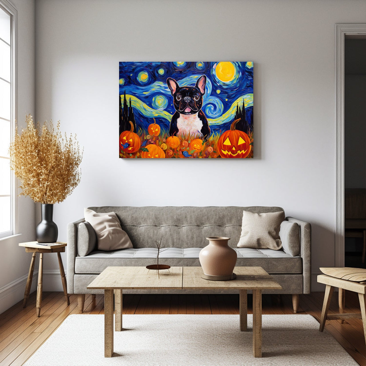 French Bulldog 02 Halloween With Pumpkin Oil Painting Van Goh Style, Wooden Canvas Prints Wall Art Painting , Canvas 3d Art