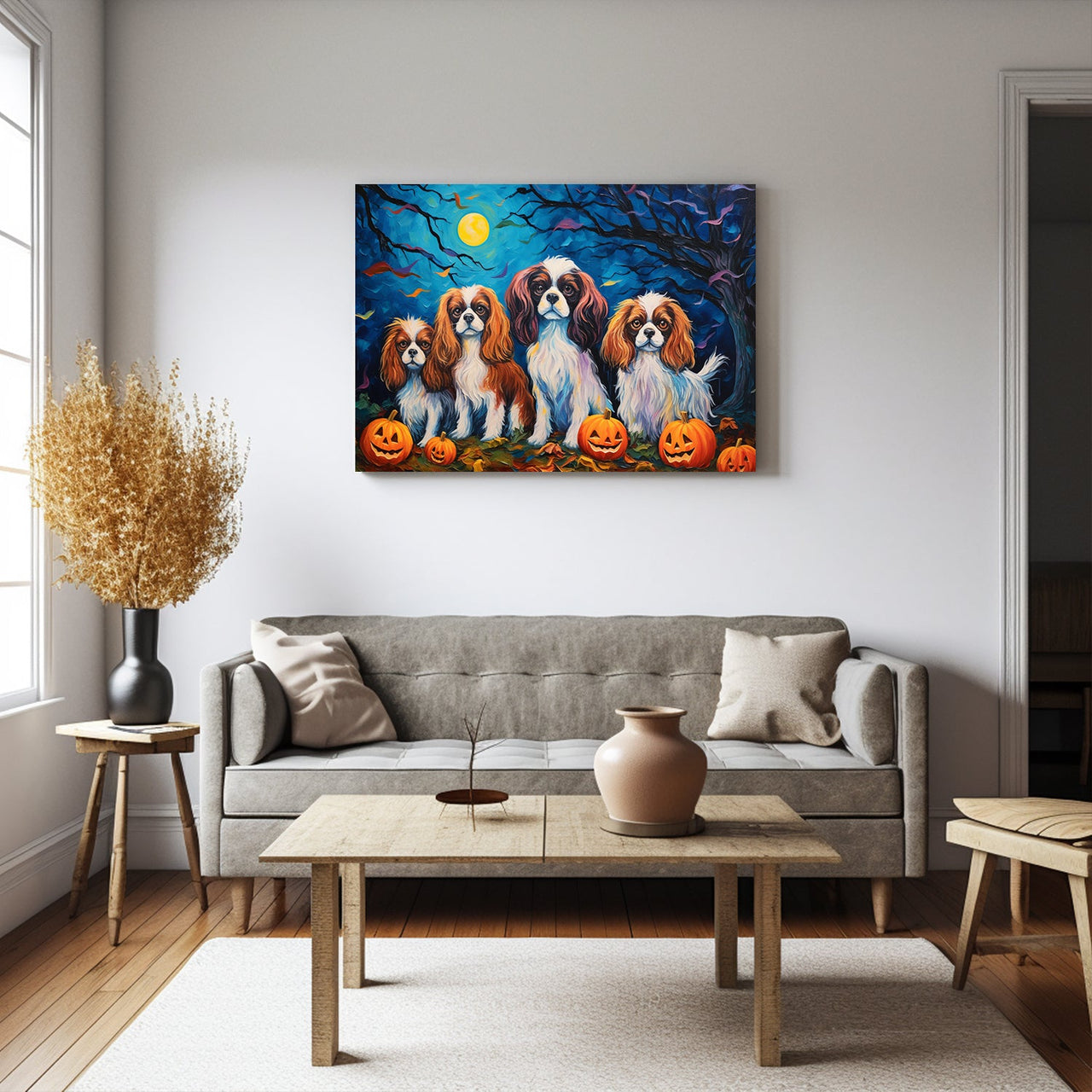Cavalier King Charles Spaniels Halloween With Pumpkin Oil Painting Van Goh Style, Wooden Canvas Prints Wall Art Painting , Canvas 3d Art