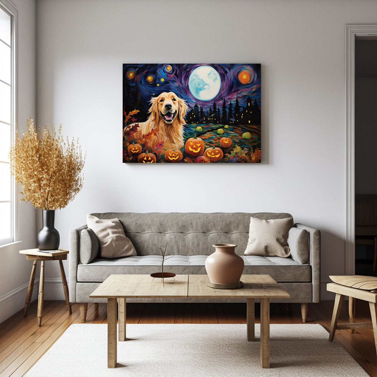 Golden Retrievers Dog 01 Halloween With Pumpkin Oil Painting Van Goh Style, Wooden Canvas Prints Wall Art Painting , Canvas 3d Art