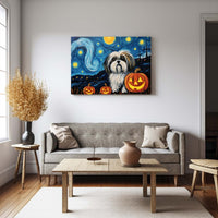 Thumbnail for Shih Tzu Dog 01 Halloween With Pumpkin Oil Painting Van Goh Style, Wooden Canvas Prints Wall Art Painting , Canvas 3d Art