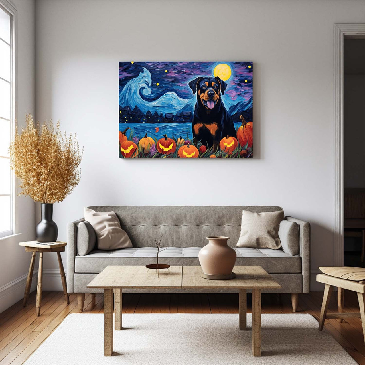 Rottweiler Dog 02 Halloween With Pumpkin Oil Painting Van Goh Style, Wooden Canvas Prints Wall Art Painting , Canvas 3d Art