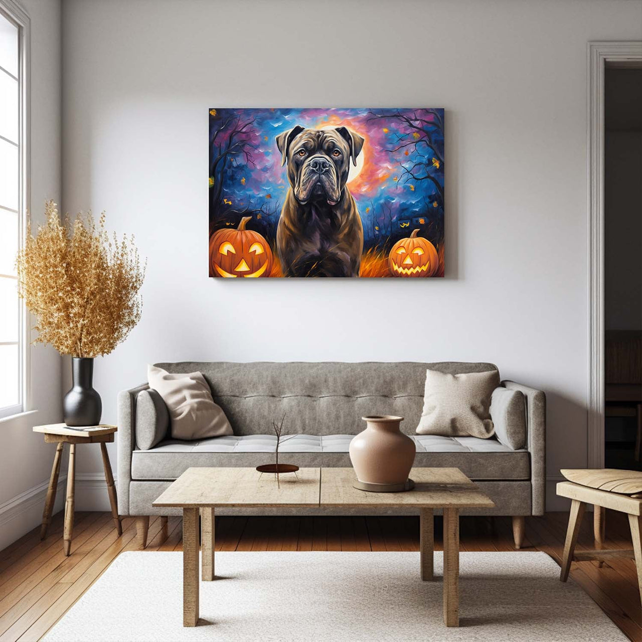 Cane Corso Dog 04 Halloween With Pumpkin Oil Painting Van Goh Style, Wooden Canvas Prints Wall Art Painting , Canvas 3d Art