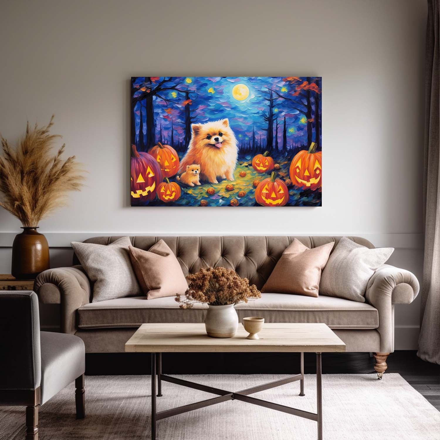 Pomeranians Dog 02 Halloween With Pumpkin Oil Painting Van Goh Style, Wooden Canvas Prints Wall Art Painting , Canvas 3d Art