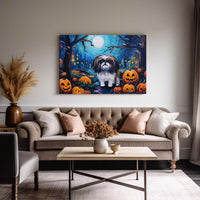 Thumbnail for Shih Tzu Dog 02 Halloween With Pumpkin Oil Painting Van Goh Style, Wooden Canvas Prints Wall Art Painting , Canvas 3d Art