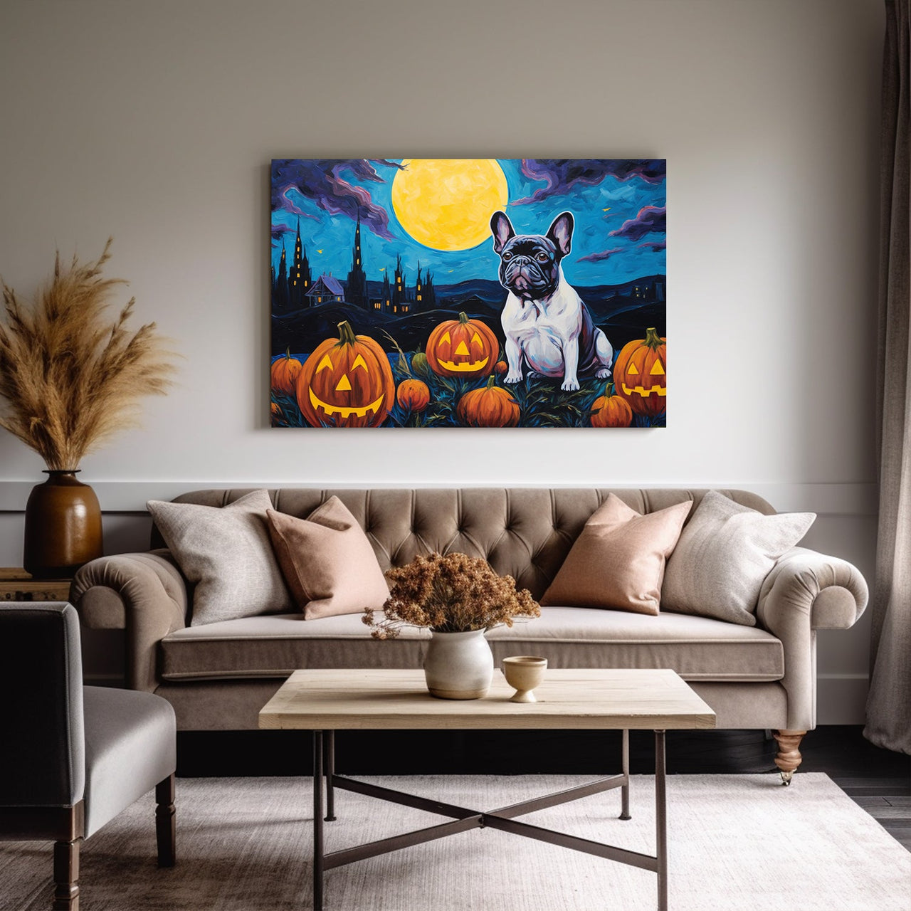 French Bulldog 01 Halloween With Pumpkin Oil Painting Van Goh Style, Wooden Canvas Prints Wall Art Painting , Canvas 3d Art