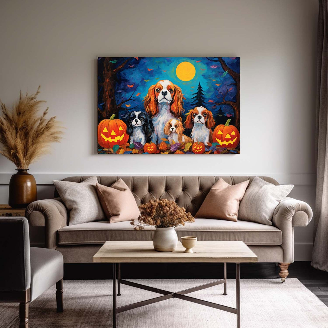 Cavalier King Charles Spaniels Dog 02 Halloween With Pumpkin Oil Painting Van Goh Style, Wooden Canvas Prints Wall Art Painting , Canvas 3d Art