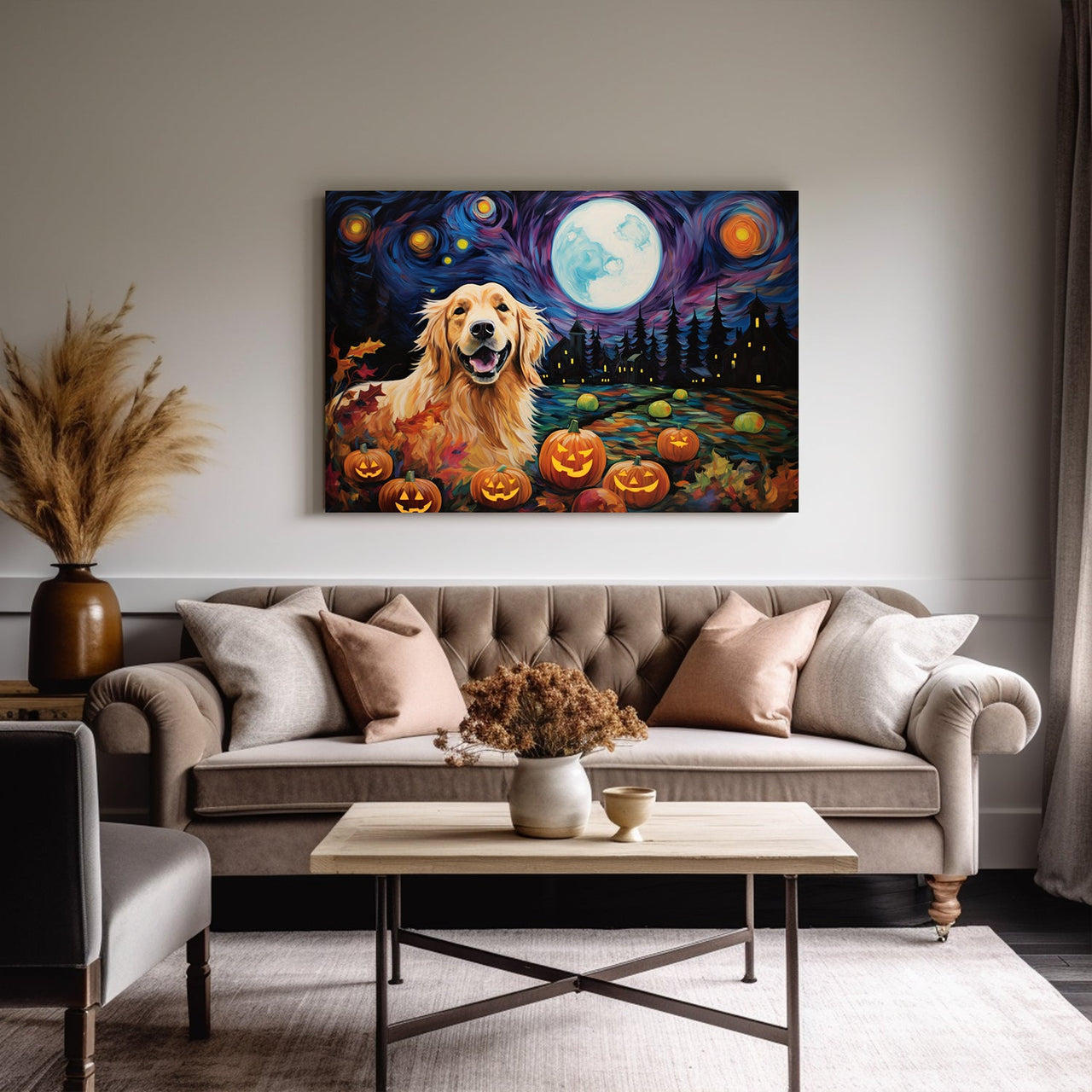 Golden Retrievers Dog 01 Halloween With Pumpkin Oil Painting Van Goh Style, Wooden Canvas Prints Wall Art Painting , Canvas 3d Art