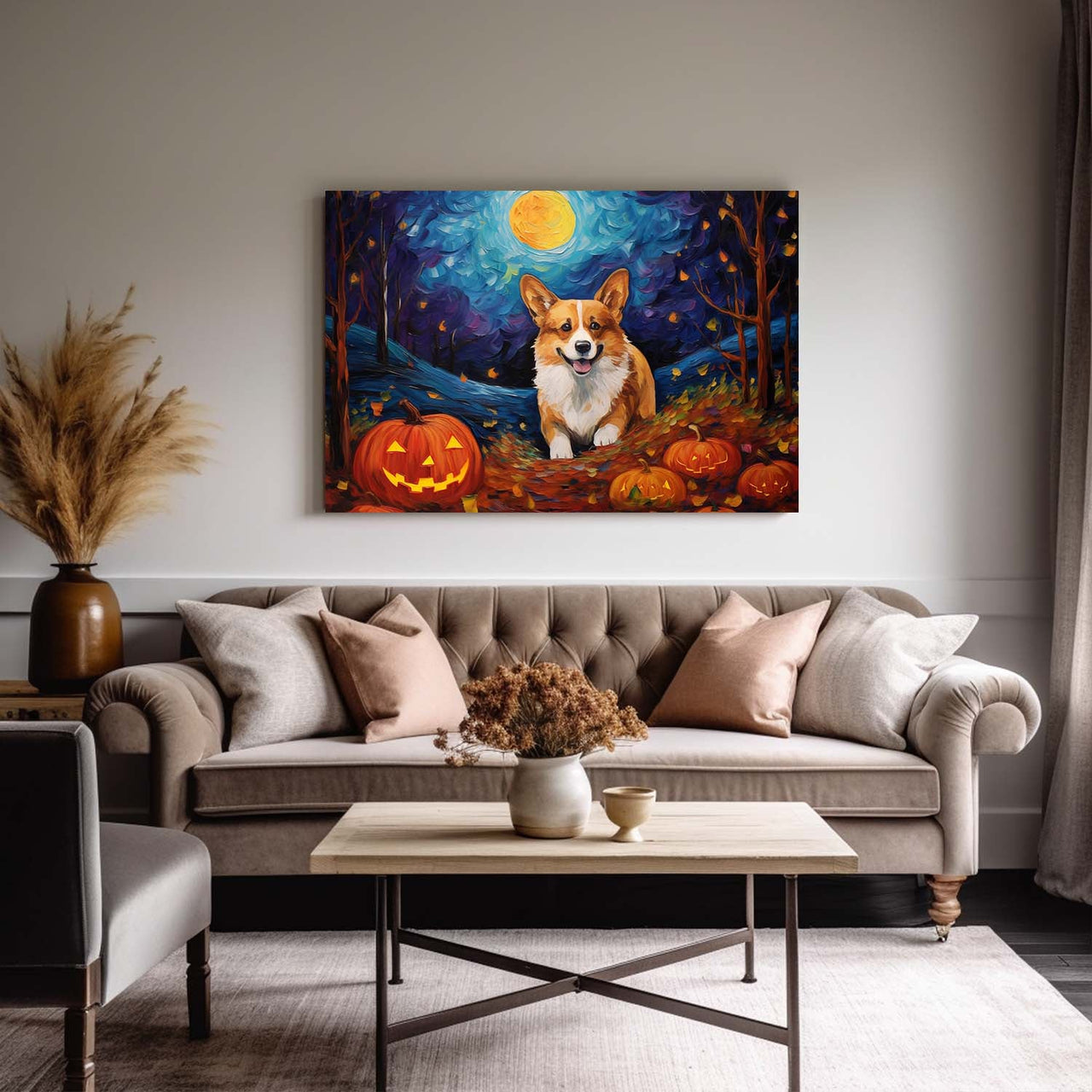 Corgi Dog 01 Halloween With Pumpkin Oil Painting Van Goh Style, Wooden Canvas Prints Wall Art Painting , Canvas 3d Art