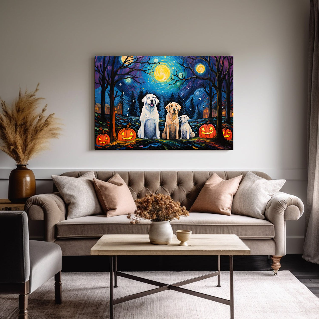 Labrador Retrievers Dog 02 Halloween With Pumpkin Oil Painting Van Goh Style, Wooden Canvas Prints Wall Art Painting , Canvas 3d Art