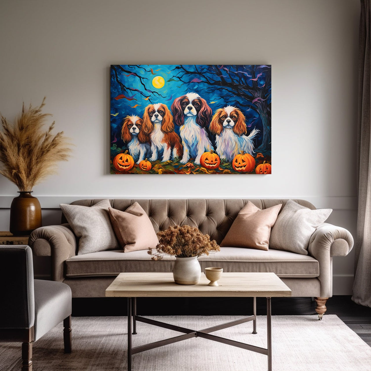 Cavalier King Charles Spaniels Halloween With Pumpkin Oil Painting Van Goh Style, Wooden Canvas Prints Wall Art Painting , Canvas 3d Art