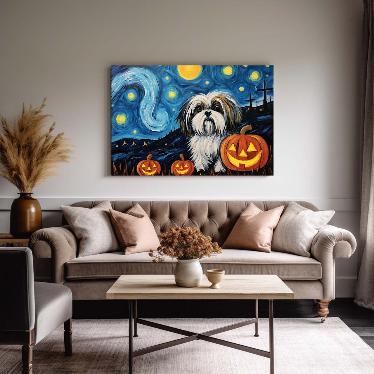 Shih Tzu Dog 01 Halloween With Pumpkin Oil Painting Van Goh Style, Wooden Canvas Prints Wall Art Painting , Canvas 3d Art