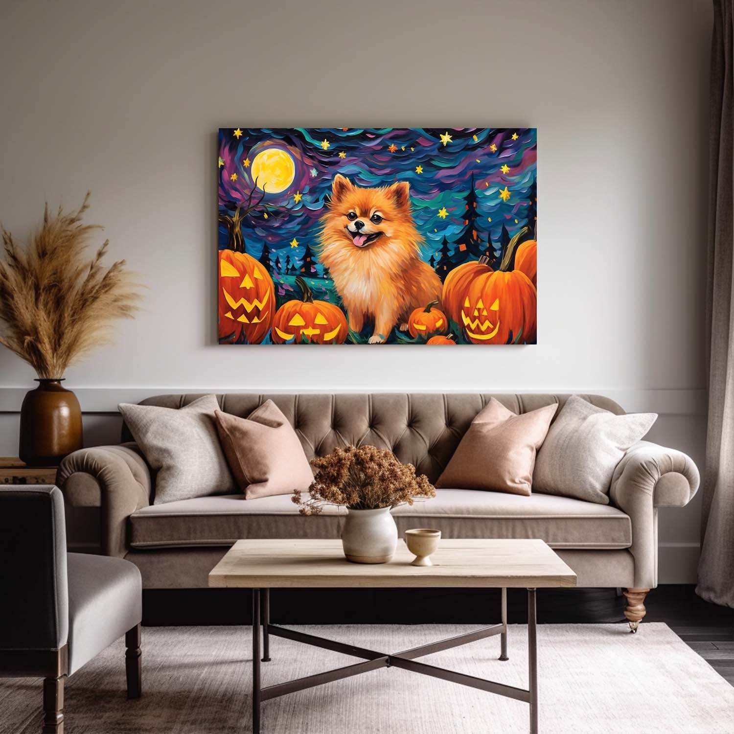Pomeranians Dog 01 Halloween With Pumpkin Oil Painting Van Goh Style, Wooden Canvas Prints Wall Art Painting , Canvas 3d Art