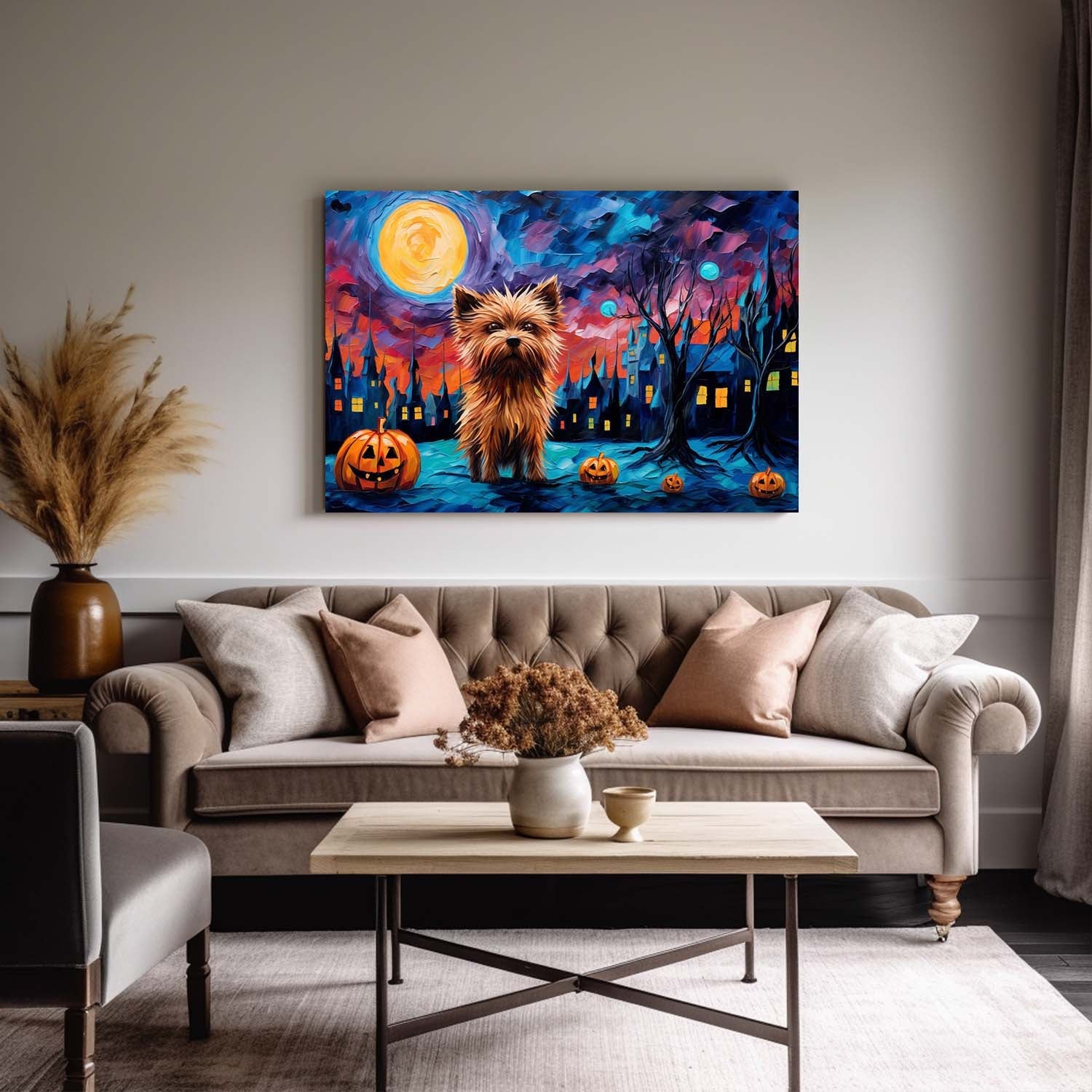 Yorkshire Terriers Dog 04 Halloween With Pumpkin Oil Painting Van Goh Style, Wooden Canvas Prints Wall Art Painting , Canvas 3d Art
