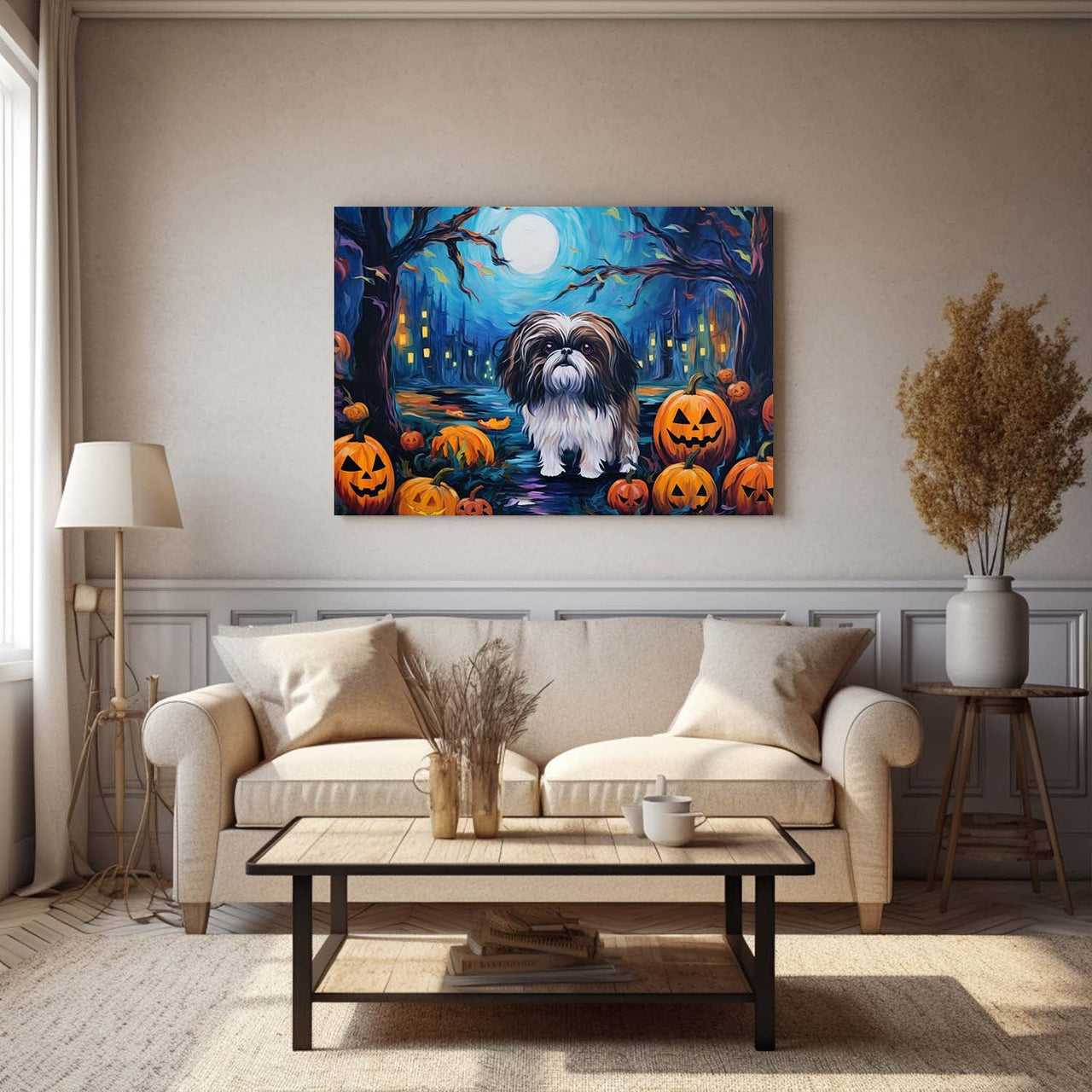 Shih Tzu Dog 02 Halloween With Pumpkin Oil Painting Van Goh Style, Wooden Canvas Prints Wall Art Painting , Canvas 3d Art