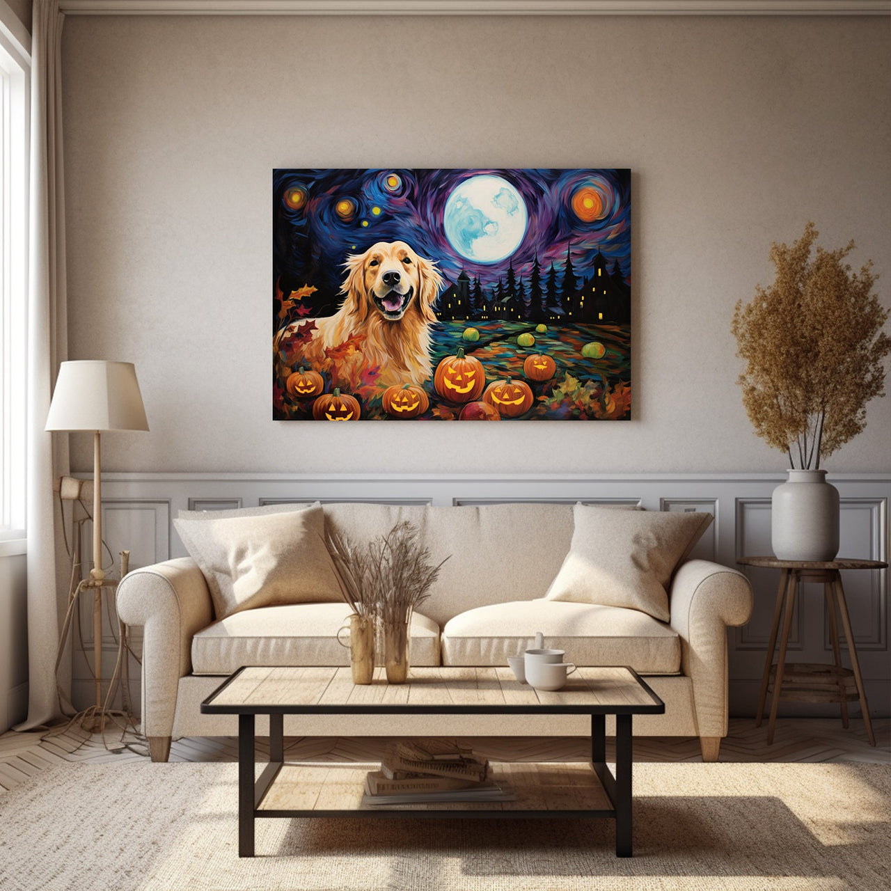 Golden Retrievers Dog 01 Halloween With Pumpkin Oil Painting Van Goh Style, Wooden Canvas Prints Wall Art Painting , Canvas 3d Art