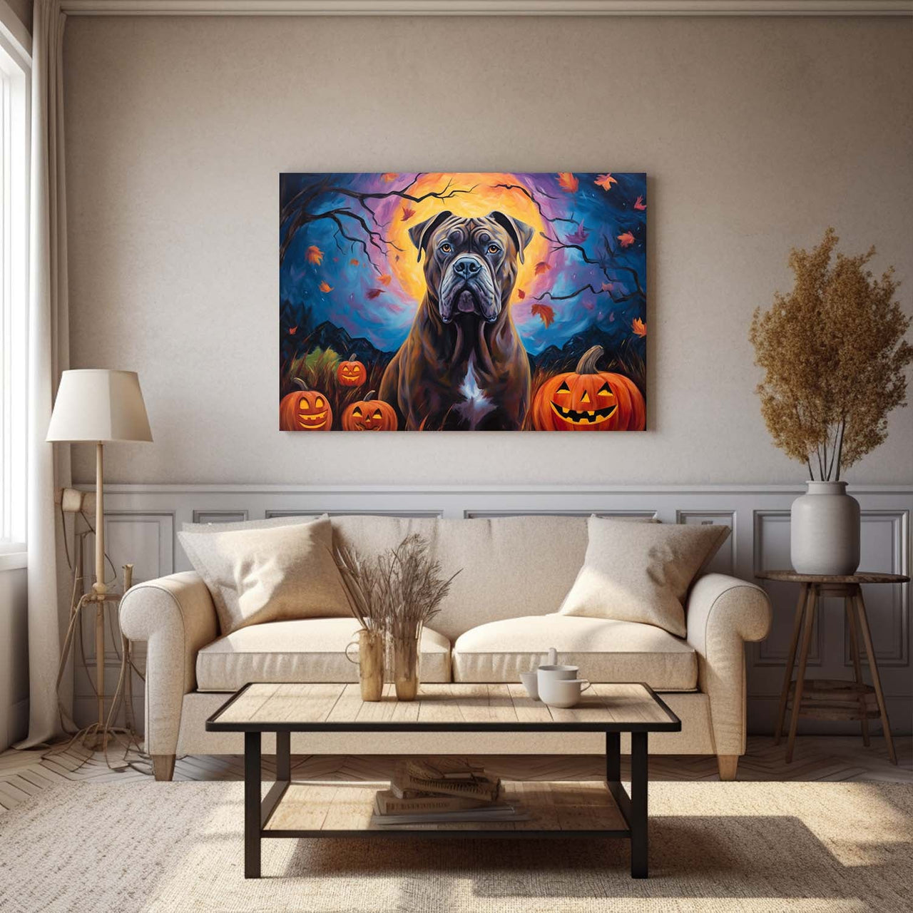 Cane Corso Dog 03 Halloween With Pumpkin Oil Painting Van Goh Style, Wooden Canvas Prints Wall Art Painting , Canvas 3d Art