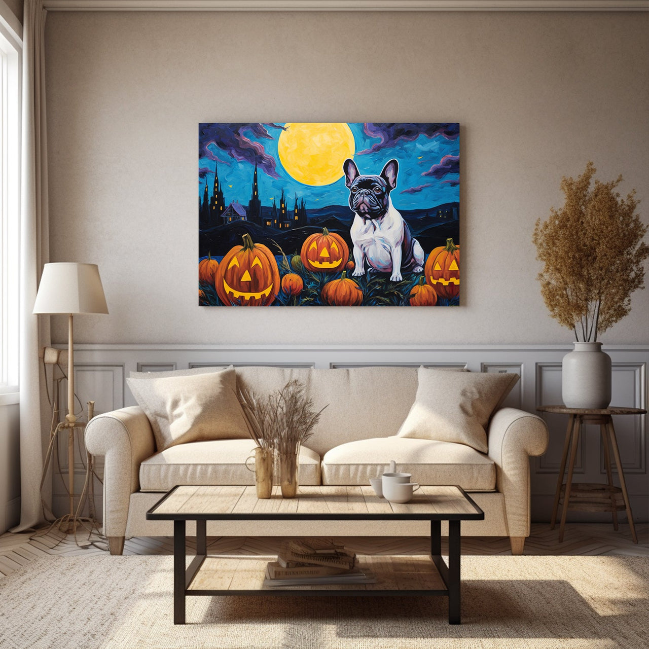 French Bulldog 01 Halloween With Pumpkin Oil Painting Van Goh Style, Wooden Canvas Prints Wall Art Painting , Canvas 3d Art