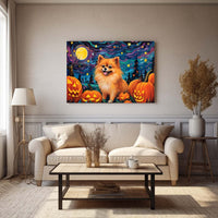 Thumbnail for Pomeranians Dog 01 Halloween With Pumpkin Oil Painting Van Goh Style, Wooden Canvas Prints Wall Art Painting , Canvas 3d Art