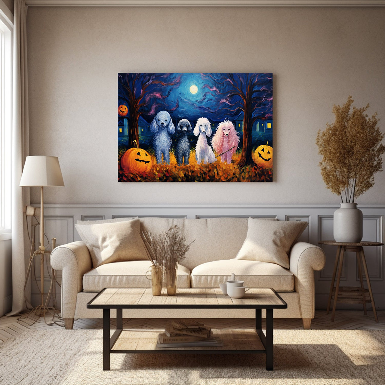 Poodle Dog Halloween With Pumpkin Oil Painting Van Goh Style, Wooden Canvas Prints Wall Art Painting , Canvas 3d Art