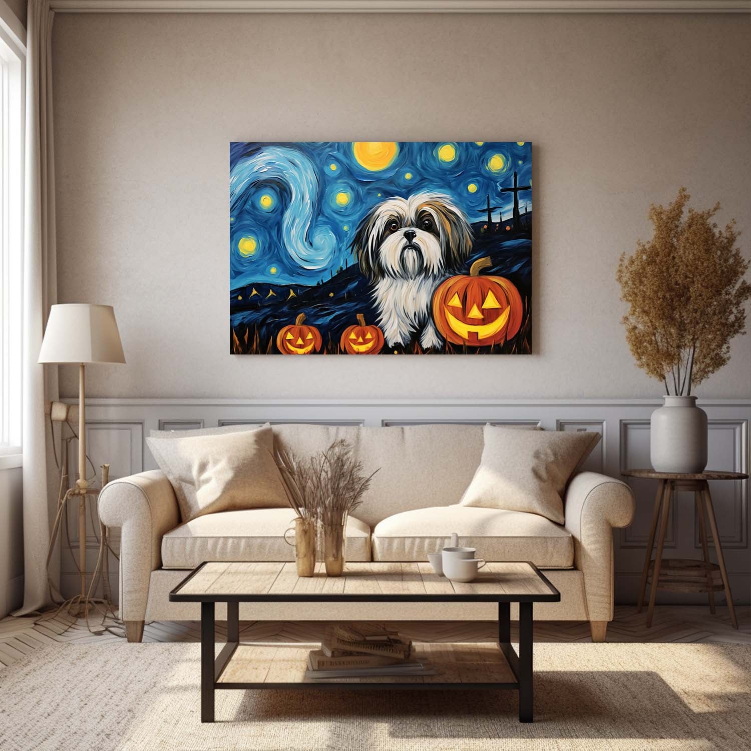 Shih Tzu Dog 01 Halloween With Pumpkin Oil Painting Van Goh Style, Wooden Canvas Prints Wall Art Painting , Canvas 3d Art