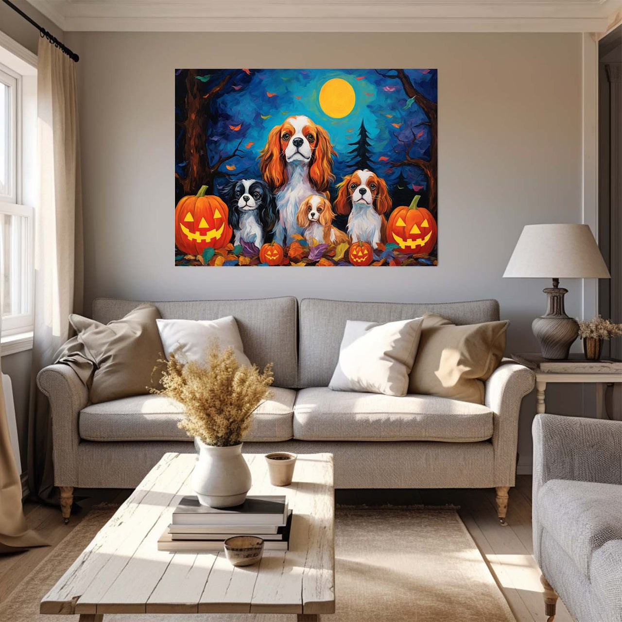 Cavalier King Charles Spaniels Dog 02 Halloween With Pumpkin Oil Painting Van Goh Style, Wooden Canvas Prints Wall Art Painting , Canvas 3d Art