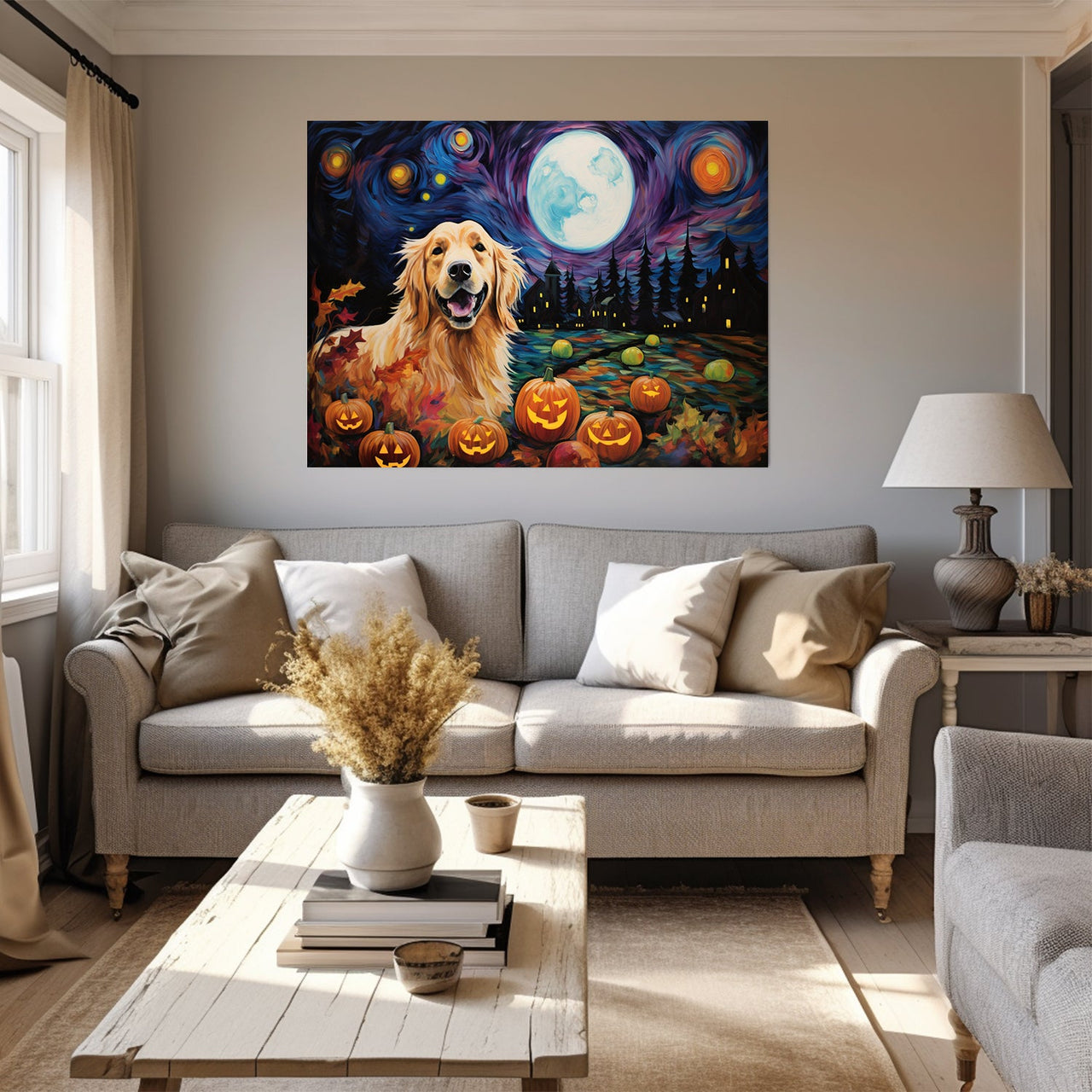 Golden Retrievers Dog 01 Halloween With Pumpkin Oil Painting Van Goh Style, Wooden Canvas Prints Wall Art Painting , Canvas 3d Art