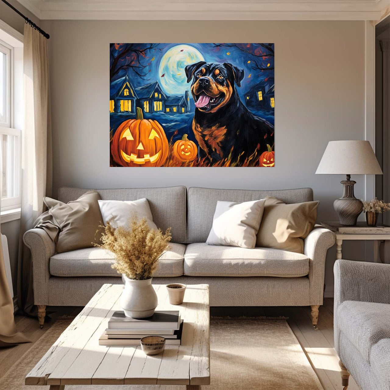 Rottweiler Dog 01 Halloween With Pumpkin Oil Painting Van Goh Style, Wooden Canvas Prints Wall Art Painting , Canvas 3d Art