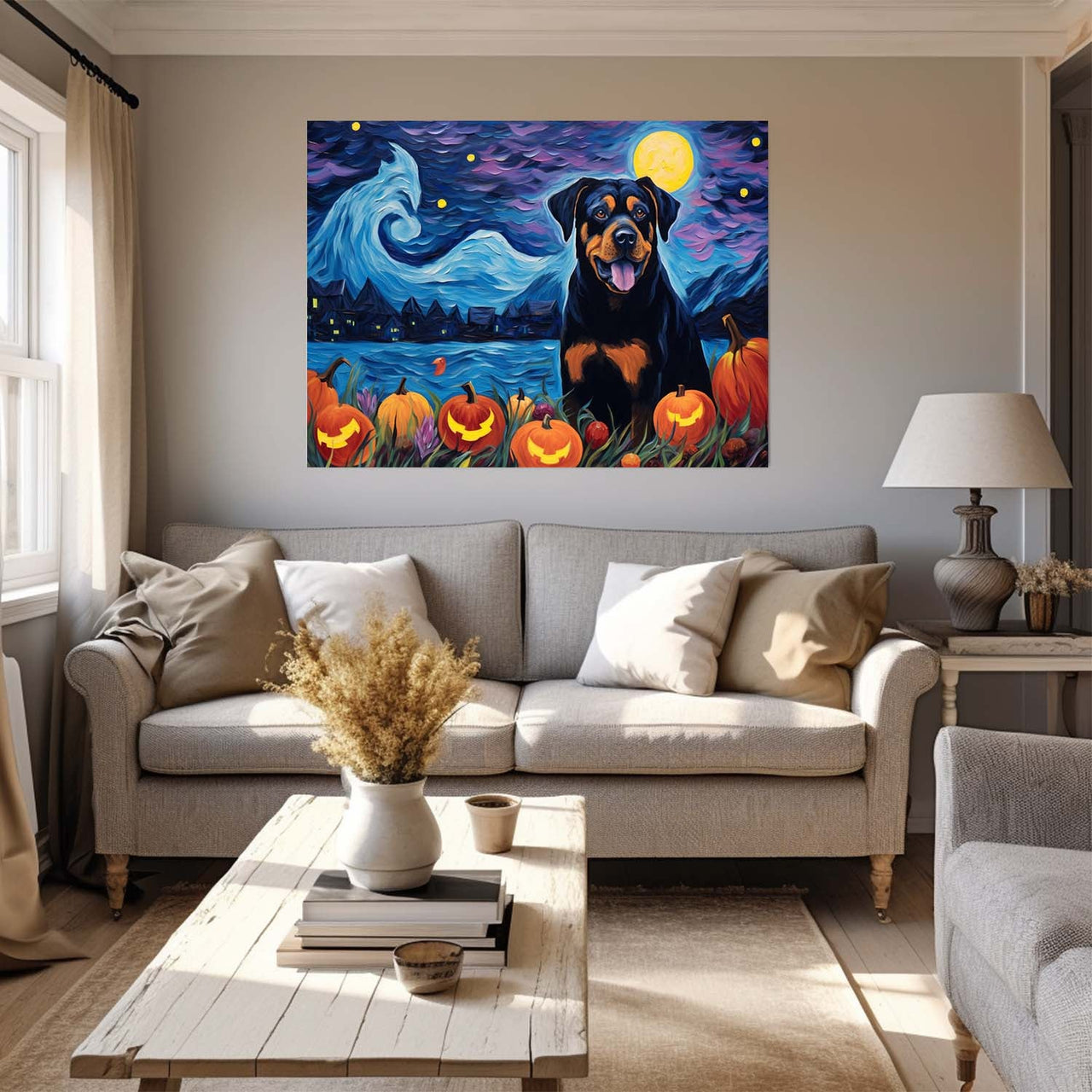 Rottweiler Dog 02 Halloween With Pumpkin Oil Painting Van Goh Style, Wooden Canvas Prints Wall Art Painting , Canvas 3d Art
