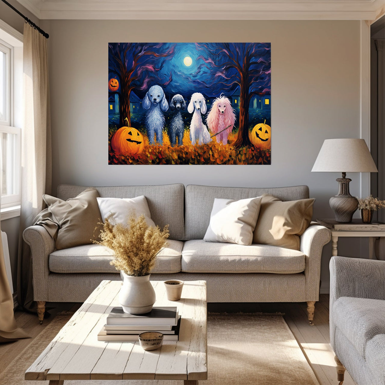 Poodle Dog Halloween With Pumpkin Oil Painting Van Goh Style, Wooden Canvas Prints Wall Art Painting , Canvas 3d Art