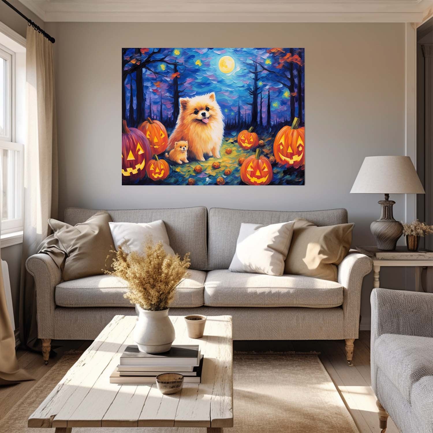 Pomeranians Dog 02 Halloween With Pumpkin Oil Painting Van Goh Style, Wooden Canvas Prints Wall Art Painting , Canvas 3d Art