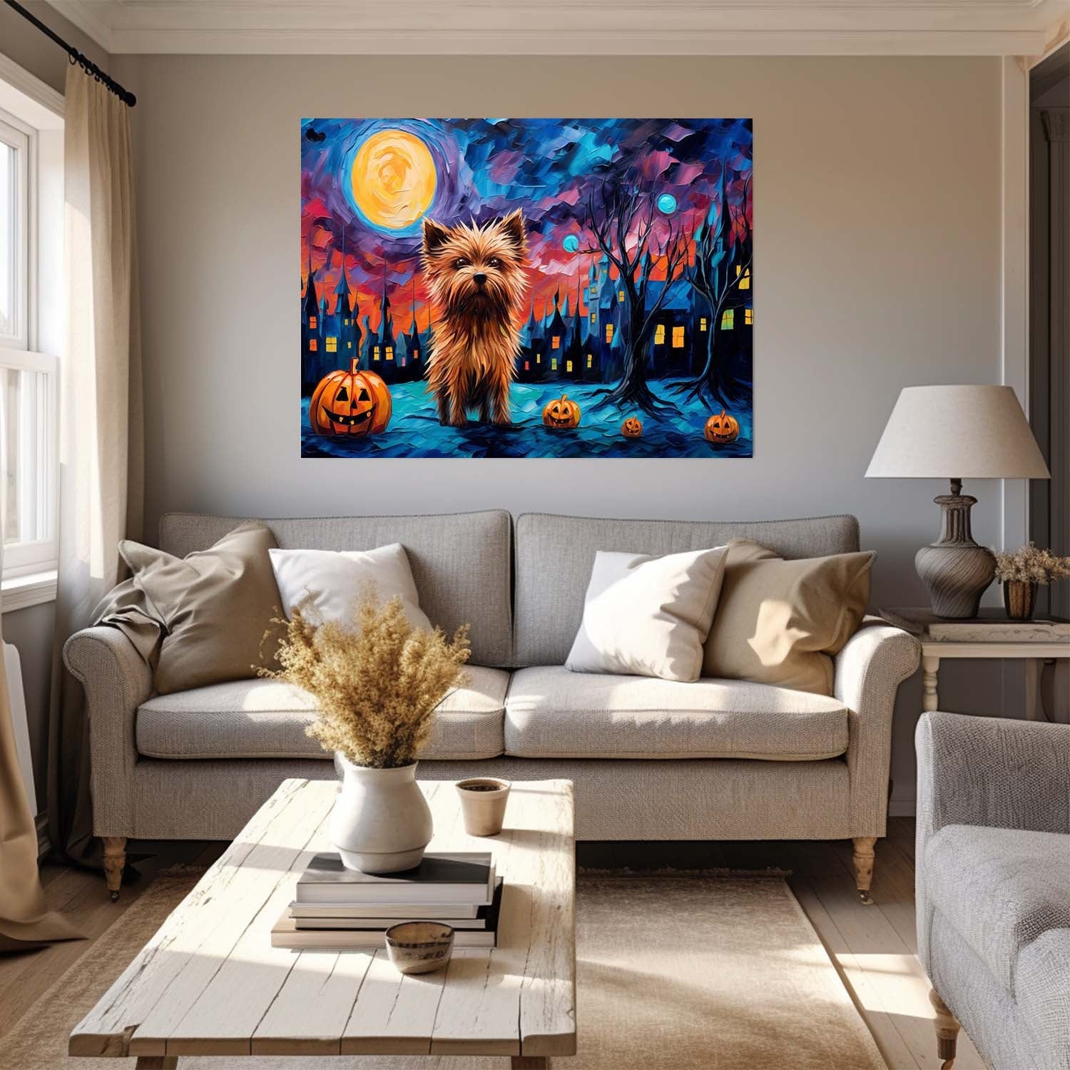 Yorkshire Terriers Dog 04 Halloween With Pumpkin Oil Painting Van Goh Style, Wooden Canvas Prints Wall Art Painting , Canvas 3d Art