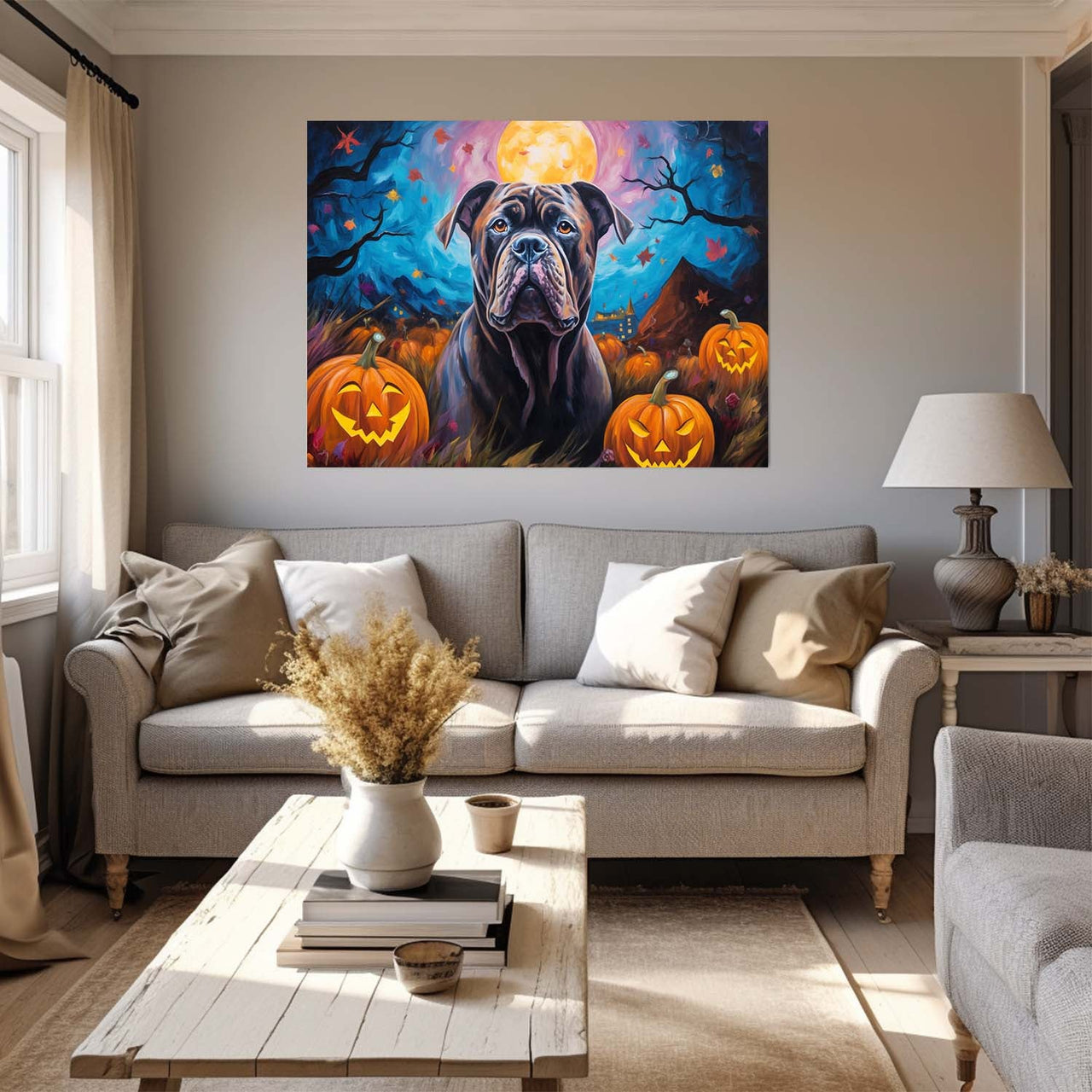 Cane Corso Dog 02 Halloween With Pumpkin Oil Painting Van Goh Style, Wooden Canvas Prints Wall Art Painting , Canvas 3d Art