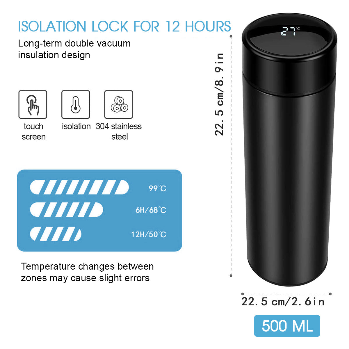 17oz Insulated Water Bottle with LED Temperature Display, Custom fit for cars, Coffee Tea Infuser Bottle Double Wall Vacuum Insulated Water Bottle for Hot or Cold Drink