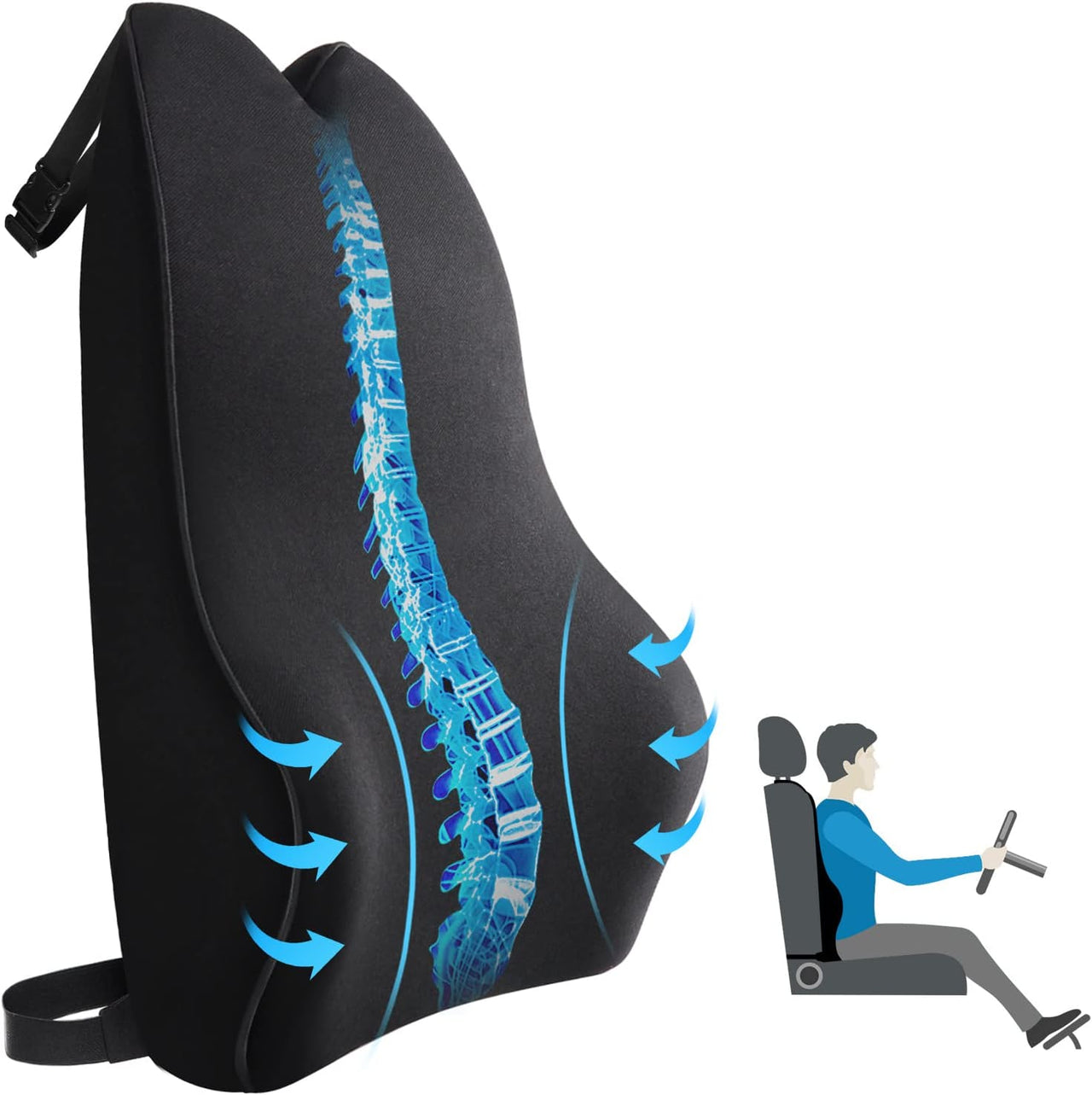 Lumbar Support Pillow Car Back Support, Custom fit for Car, Memory Foam Car Lumbar Support for Driving Fatigue / Back Pain Relief, Dual Straps Better Fix The Car Cushion