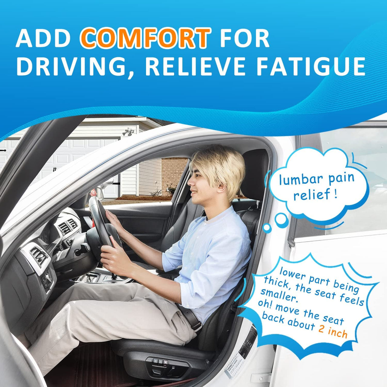 Lumbar Support Pillow Car Back Support, Custom fit for Car, Memory Foam Car Lumbar Support for Driving Fatigue / Back Pain Relief, Dual Straps Better Fix The Car Cushion