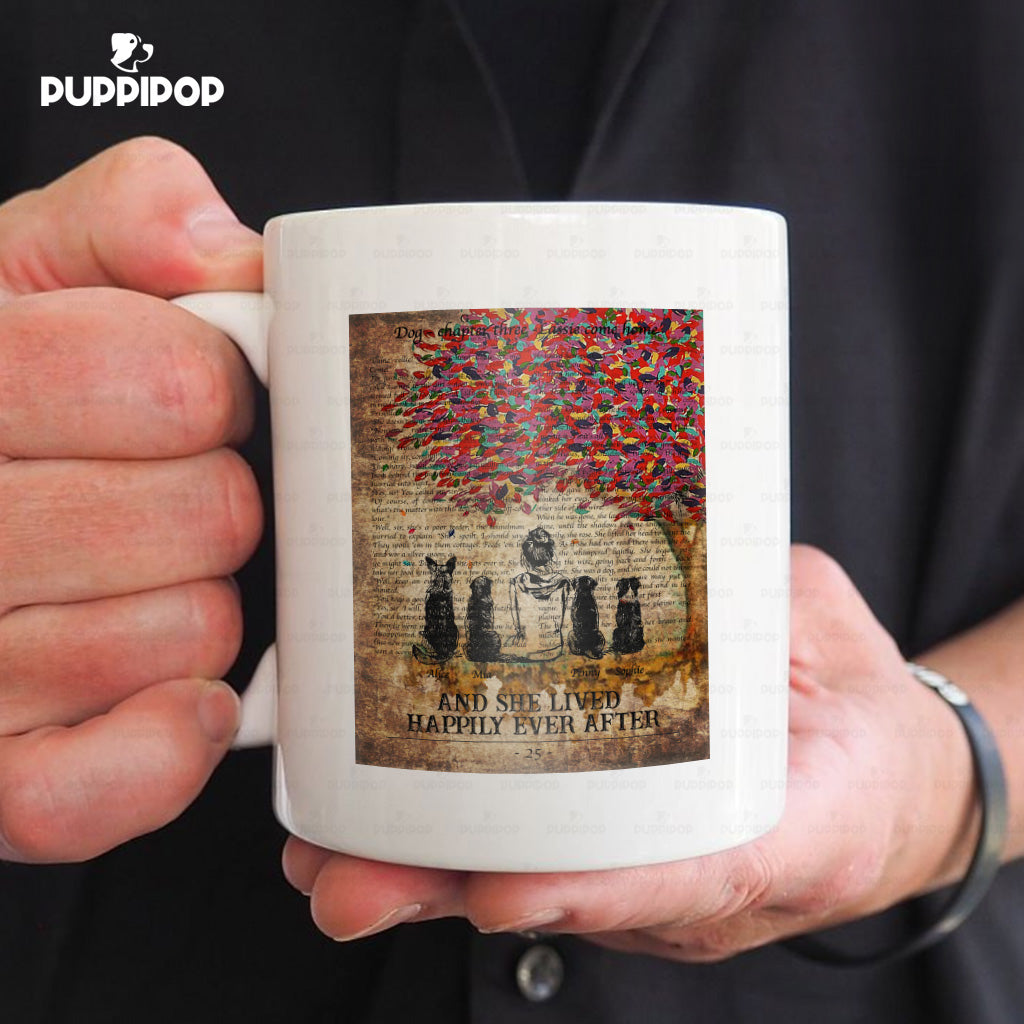 Personalized Dog Gift Idea - Woman And Four Dogs Beside The Tree For Mom - White Mug