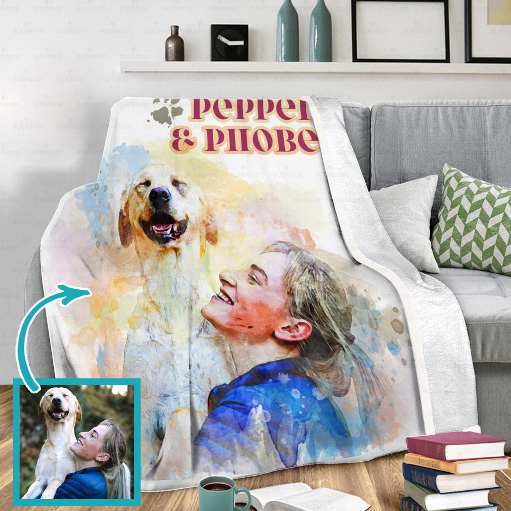 Personalized Dog Gift Idea - Watercolor Puppy And Owner Portrait For Puppy Lovers - Fleece Blanket