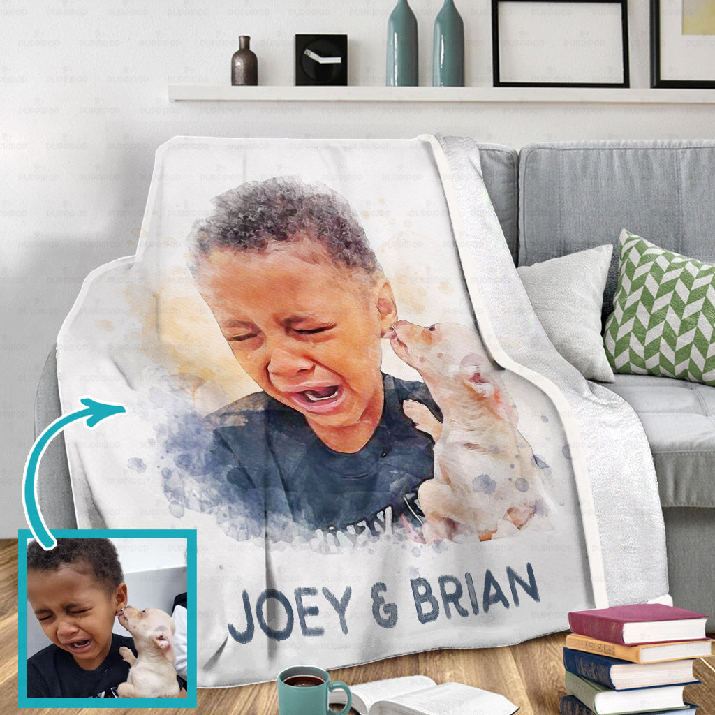 Personalized Dog Gift - Watercolor Puppy And Child Portrait  For Puppy Lovers - Fleece Blanket