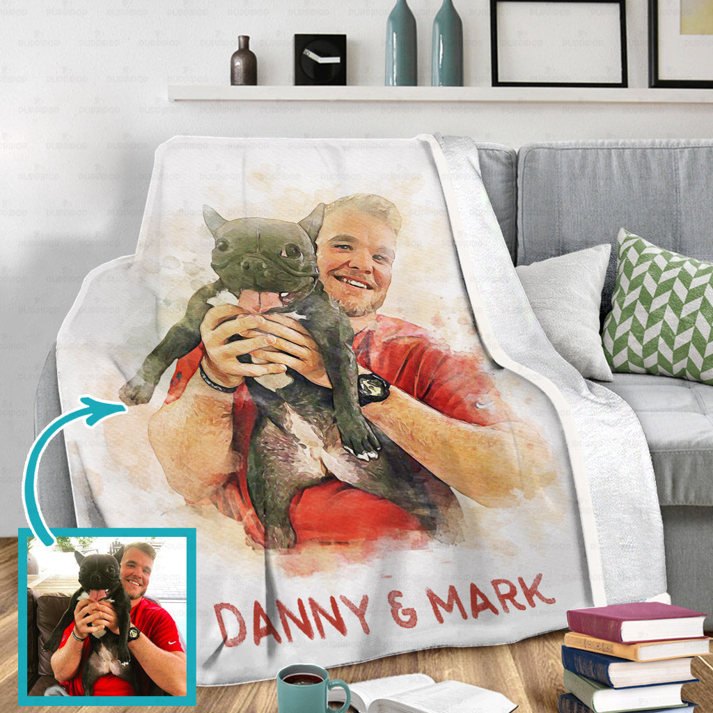 Personalized Dog Gift Idea - Watercolor Puppy And Owner Portrait For Puppy Lovers - Fleece Blanket