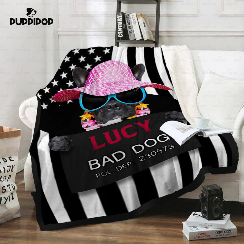 Personalized Dog Gift Idea - Bad Dog Girl Wearing Beach Hat For Dog Lovers - Fleece Blanket